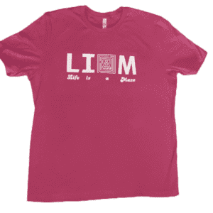 A magenta t-shirt with a white print