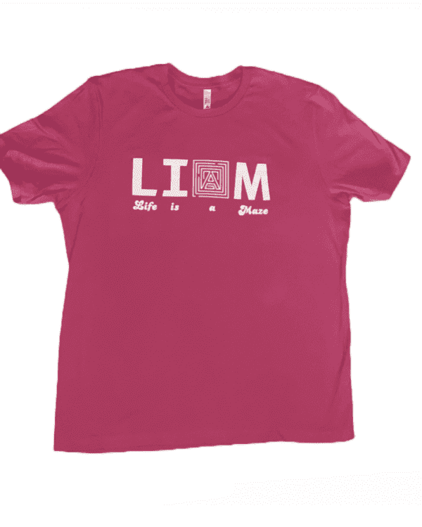 A magenta t-shirt with a white print