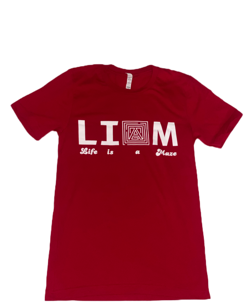 A maroon t-shirt with a white print