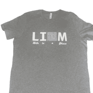 A gray t-shirt with a white print